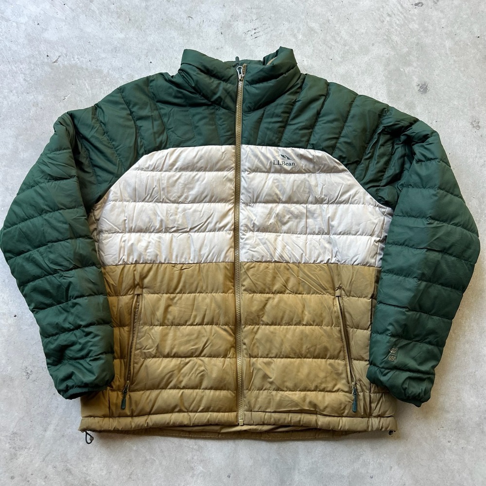 LL Bean Mens 650 Down Jacket Colorblock Puffer Green Tan 516721 Large Reg